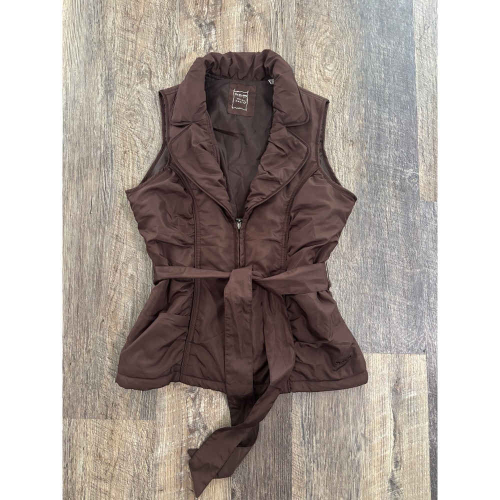 Three Hearts Brown Ruched Quilted Vest Tie Waist Heart Zipper Small